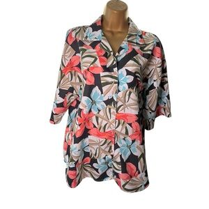 Vintage 80s Cabrais Floral Blouse Short Sleeve Button Front USA Made Size 16